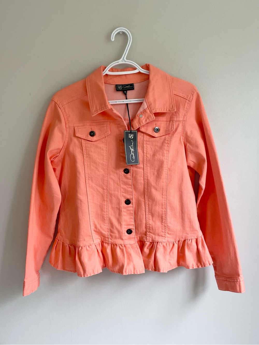NWT COTTON BLEND STRETCH ORANGE JEAN JACKET SALMON RUFFLED HEM BUTTONS POCKETS